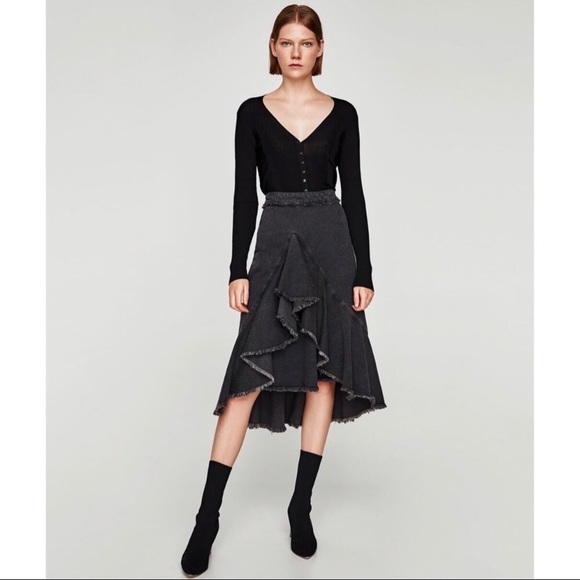 Zara Denim Skirt Black Asymmetric Ruffle Midi NWOT - Picture 8 of 8